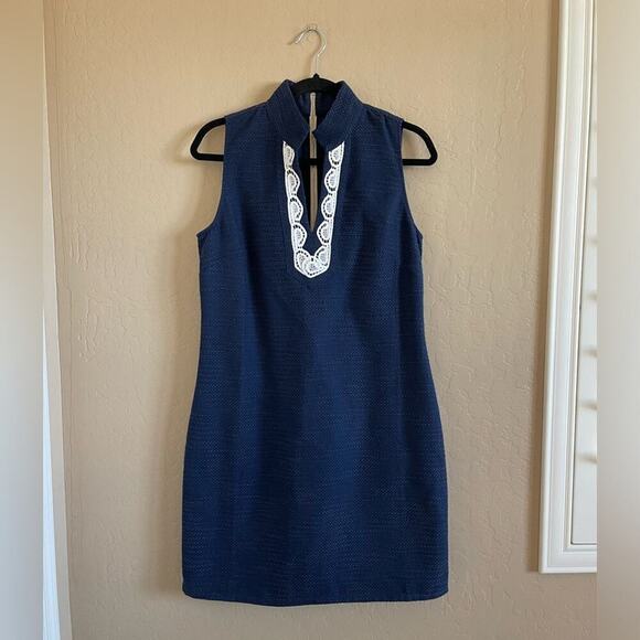 New Sail to Sable Navy Tweed Lace Shift Dress - Picture 1 of 7